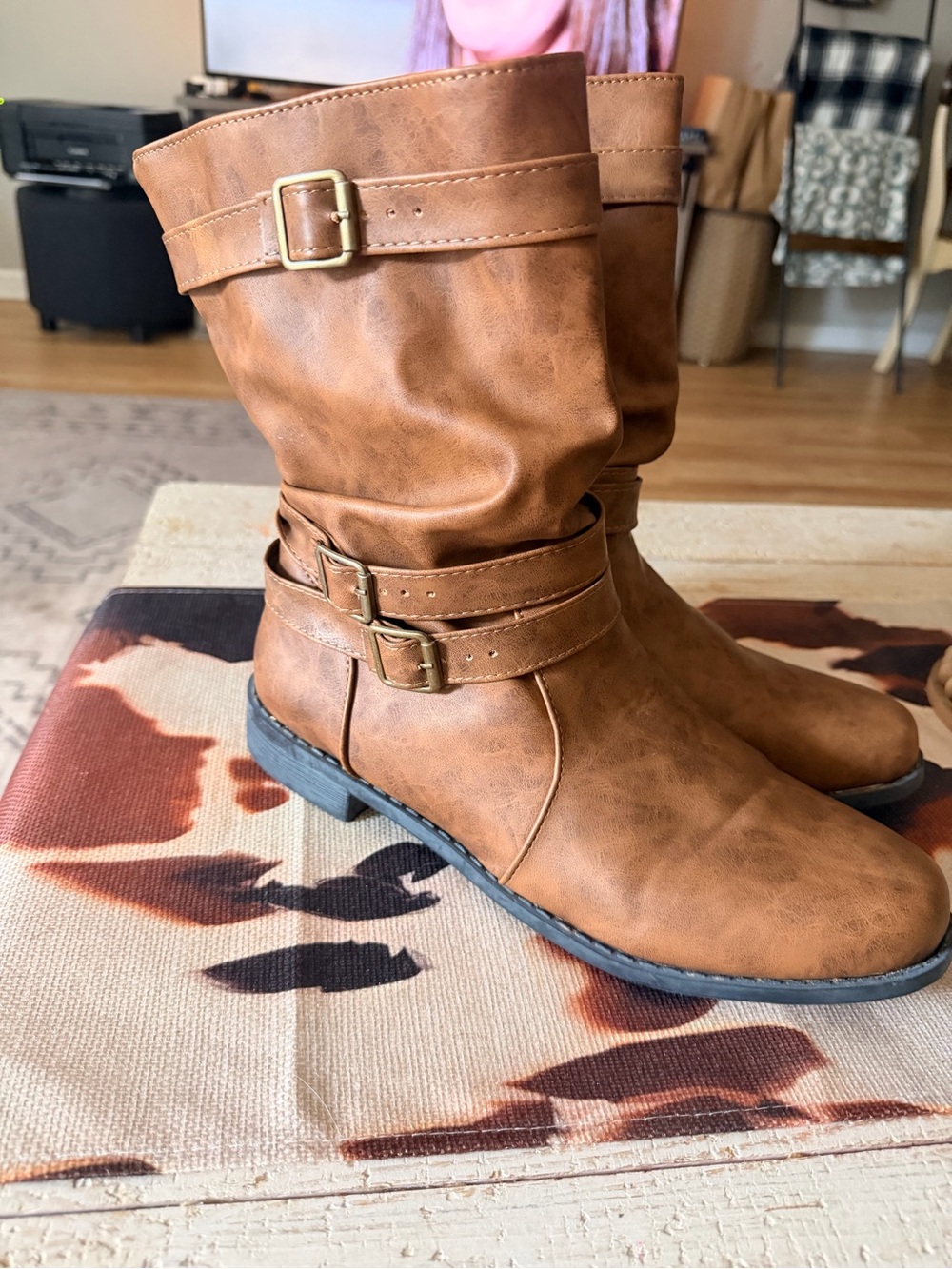 Women's 10 Tan Buckle Mid-Calf Boots & wider calf for plus size